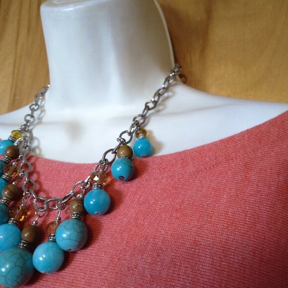 CHUNKY BEADED FAUX TURQUOISE FACETED PRINCESS NECKLACE SILVER TONE CHAIN J10 - Picture 6 of 7